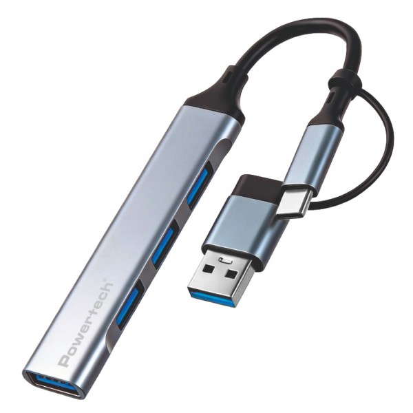 POWERTECH USB hub PTR-0206, 4x θυρών, USB 3.0, 5Gbps, USB & USB-C σύνδεση, γκρι - USB Hubs - Card Readers