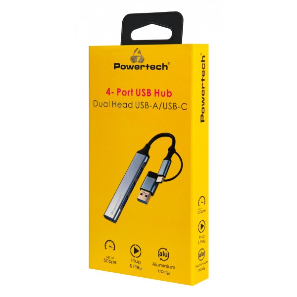 POWERTECH USB hub PTR-0206, 4x θυρών, USB 3.0, 5Gbps, USB & USB-C σύνδεση, γκρι - USB Hubs - Card Readers