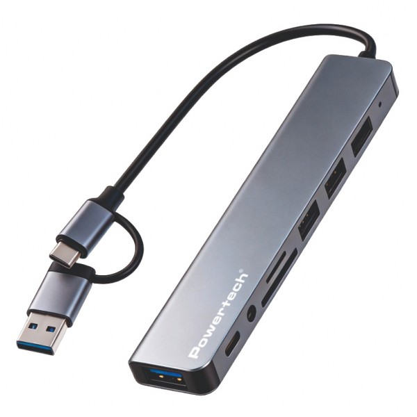 POWERTECH USB hub PTR-0205 με card reader, 8 θυρών, USB & USB-C σύνδεση, γκρι - USB Hubs - Card Readers