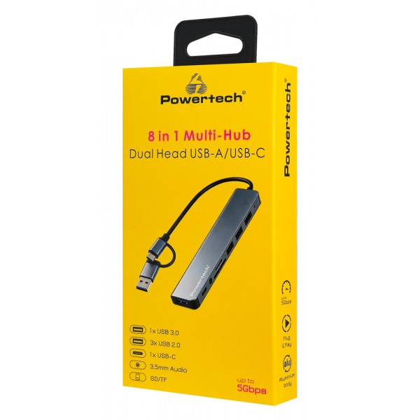 POWERTECH USB hub PTR-0205 με card reader, 8 θυρών, USB & USB-C σύνδεση, γκρι - USB Hubs - Card Readers