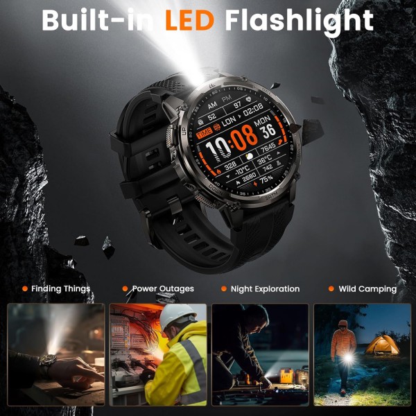 KOSPET smartwatch TANK T4C, heart rate, 1.5" AMOLED, GPS, 5 ATM & IP69K, με φακό, μαύρο - KOSPET