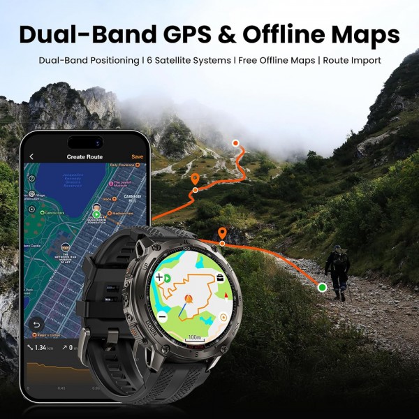 KOSPET smartwatch TANK T4, heart rate, 1.43" AMOLED, GPS, 10 ATM & IP69K, μαύρο - KOSPET