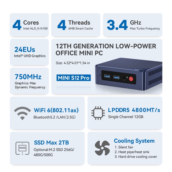 BEELINK mini PC Mini S12 Pro, Intel N100, 12GB, 512GB M.2, Windows 11 Pro