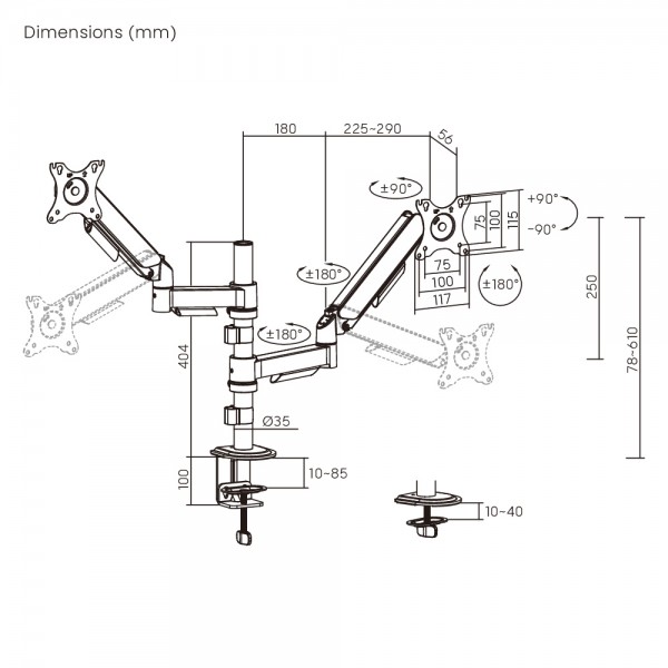 POWERTECH βάση γραφείου για 2x οθόνες PT-1628, 17-32", έως 9kg