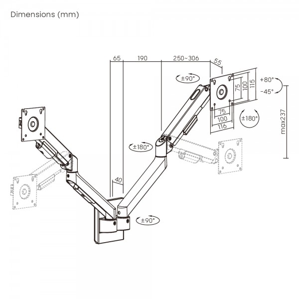 BRATECK επιτοίχια βάση για 2x οθόνες LDA113-114, 17-32", έως 9kg