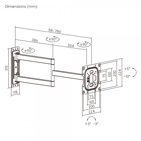 BRATECK επιτοίχια βάση τηλεόρασης LPA95-223L, 23-43", έως 50kg, full motion