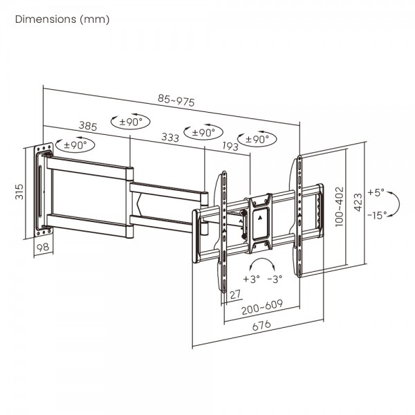 BRATECK επιτοίχια βάση τηλεόρασης LPA95-465XL, 37-86", έως 50kg, full motion