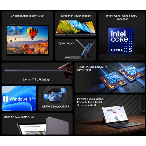 CHUWI tablet Hi10 Max με πληκτρολόγιο/θήκη, 12.96", 12/512GB, Windows 11 Pro, 4820mAh, γκρι - 