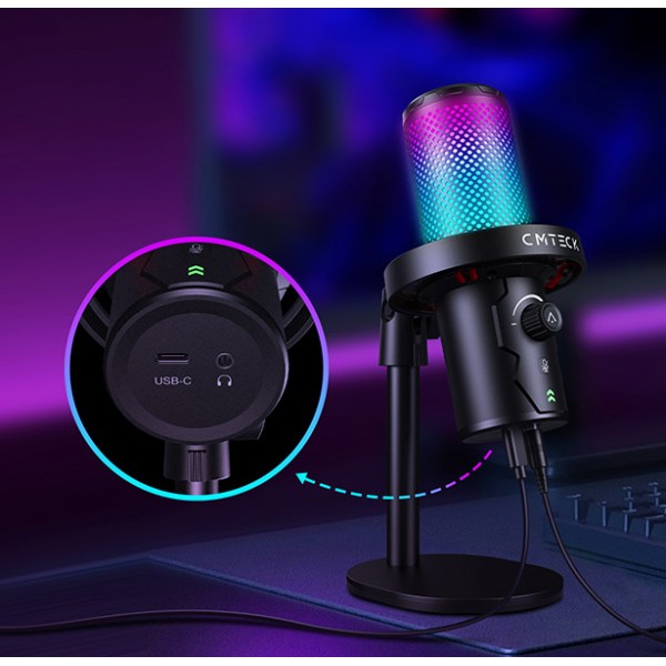 CMTECK επιτραπέζιο μικρόφωνο XM560, καρδιοειδές, USB/USB-C, RGB LED, μαύρο