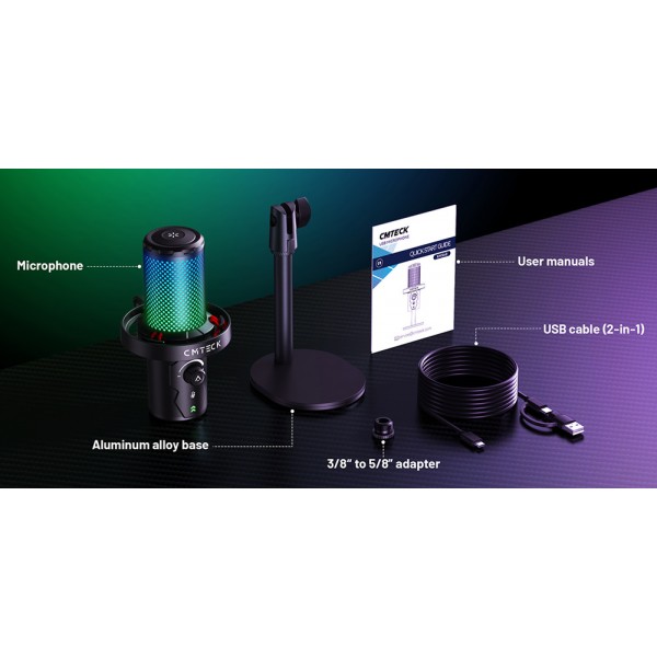 CMTECK επιτραπέζιο μικρόφωνο XM560, καρδιοειδές, USB/USB-C, RGB LED, μαύρο