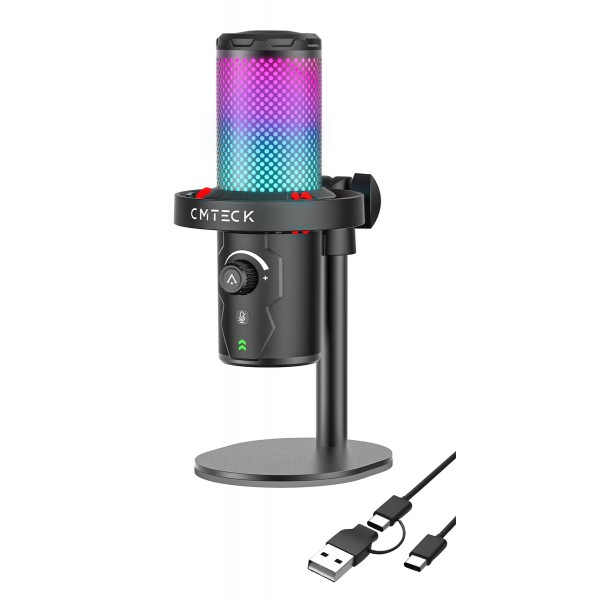 CMTECK επιτραπέζιο μικρόφωνο XM560, καρδιοειδές, USB/USB-C, RGB LED, μαύρο - 