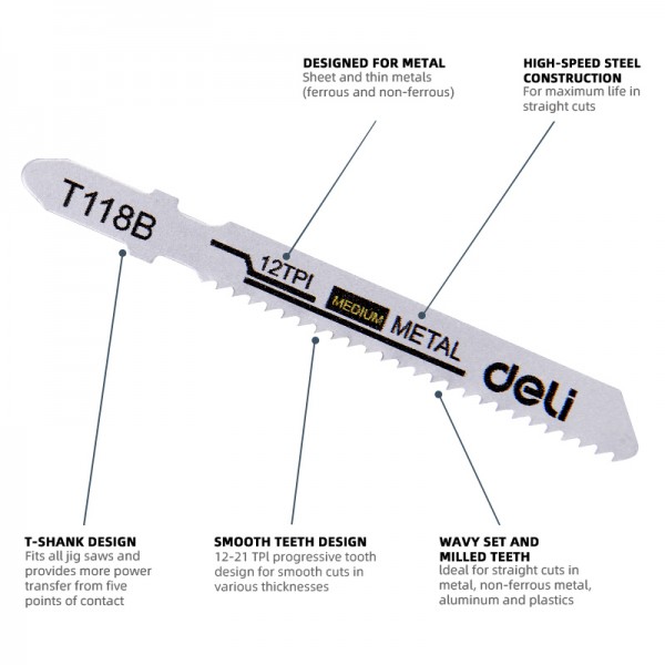 DELI σετ λάμες σέγας DH-QJT012-E4 για μέταλλο, T118B, 5τμχ