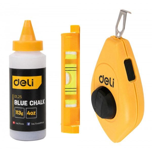 DELI σετ νήμα στάθμης DL25 με μπλε σκόνη & αλφάδι, 30m - DELI