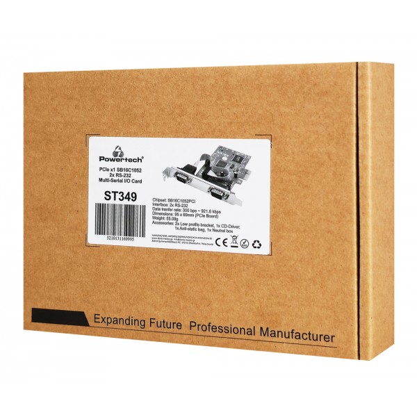 POWERTECH κάρτα επέκτασης PCIe σε 2x serial ST349, 921.6Kbps, SB16C1052PCI