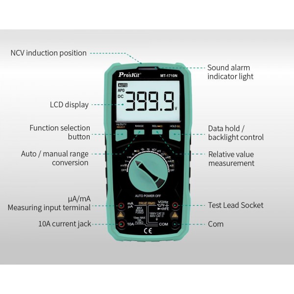 PROSKIT ψηφιακό πολύμετρο MT-1710N, μέτρηση AC/DC, True RMS, NCV