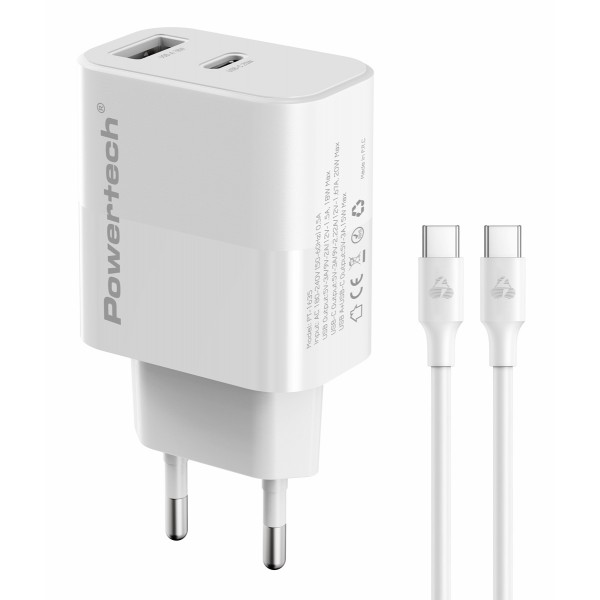 POWERTECH φορτιστής τοίχου PT-1635 με καλώδιο, USB/USB-C, 20W, λευκός - Αξεσουάρ Κινητών