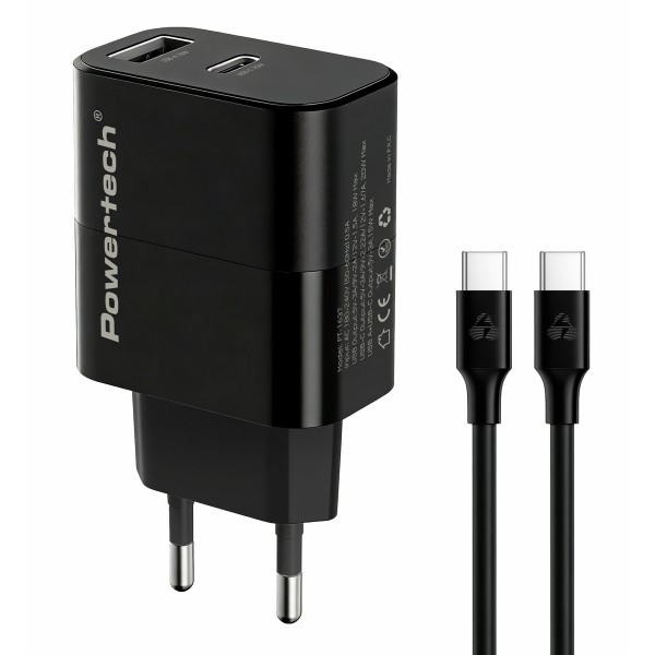 POWERTECH φορτιστής τοίχου PT-1637 με καλώδιο, USB/USB-C, 20W, μαύρος - Αξεσουάρ Κινητών