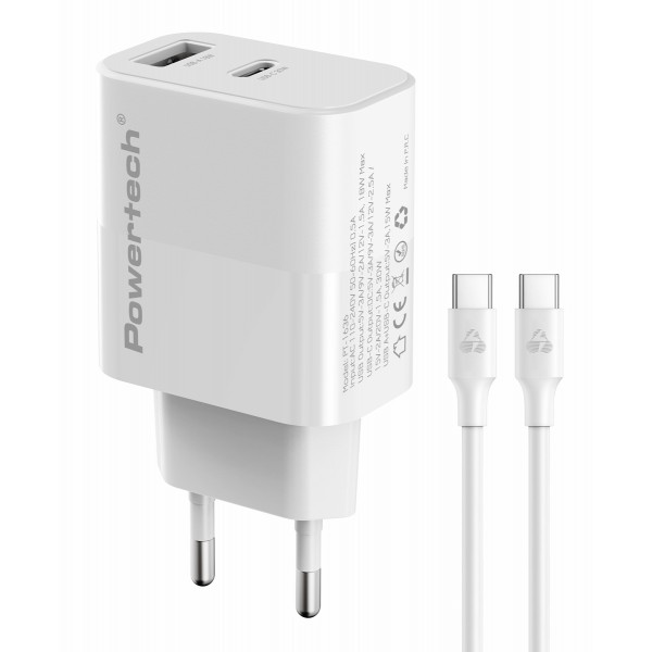 POWERTECH φορτιστής τοίχου PT-1636 με καλώδιο, USB/USB-C, 30W, GaN, λευκός - Αξεσουάρ Κινητών
