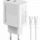 POWERTECH φορτιστής τοίχου PT-1636 με καλώδιο, USB/USB-C, 30W, GaN, λευκός
