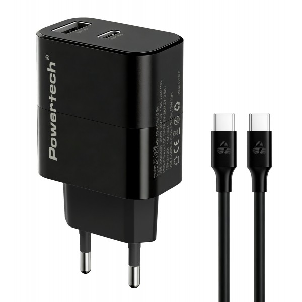 POWERTECH φορτιστής τοίχου PT-1638 με καλώδιο, USB/USB-C, 30W, GaN, μαύρος - Αξεσουάρ Κινητών