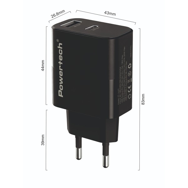 POWERTECH φορτιστής τοίχου PT-1637 με καλώδιο, USB/USB-C, 20W, μαύρος - Αξεσουάρ Κινητών