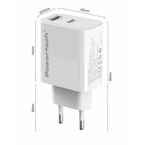 POWERTECH φορτιστής τοίχου PT-1636 με καλώδιο, USB/USB-C, 30W, GaN, λευκός - Αξεσουάρ Κινητών