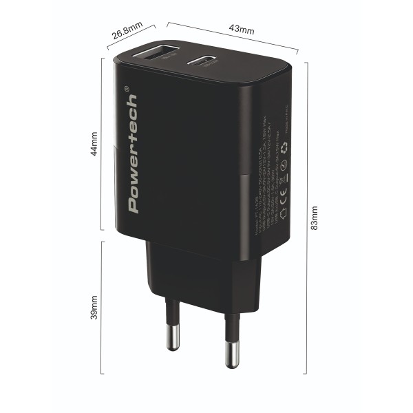 POWERTECH φορτιστής τοίχου PT-1638 με καλώδιο, USB/USB-C, 30W, GaN, μαύρος - Αξεσουάρ Κινητών