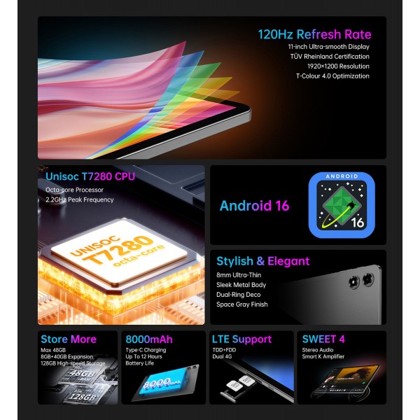 TECLAST tablet T50 Plus με πληκτρολόγιο/στυλό αφής/θήκη, 10.95", 8/128GB, 4G, Android 16, 8000mAh, γκρι