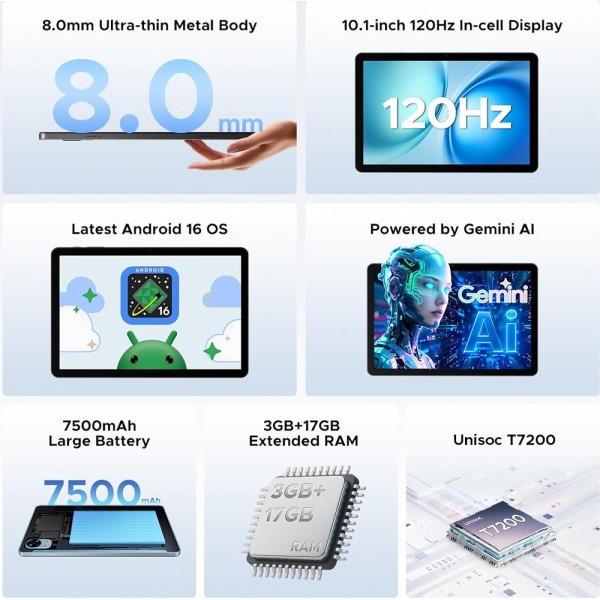 DOOGEE tablet Tab G5, 10.1", 3/128GB, 4G, Android 16, 7500mAh, μπλε - 