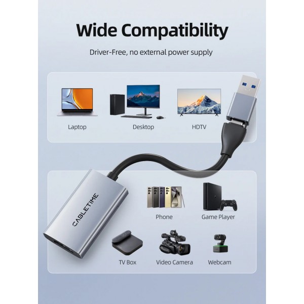 CABLETIME video capture CT-ACHC3-AG, HDMI/USB & USB-C, 4K/30Hz, γκρι