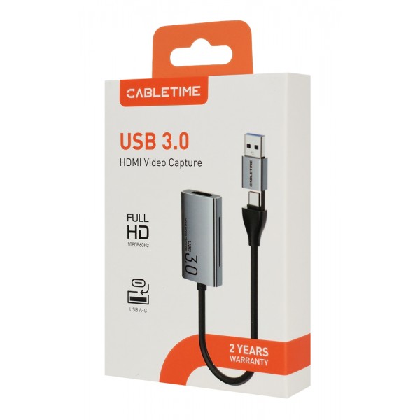 CABLETIME video capture CT-ACHC3-AG, HDMI/USB & USB-C, 4K/30Hz, γκρι