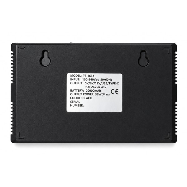 POWERTECH mini DC UPS PT-1634, 36W, 20000mAh, 3x DC, USB/USB-C, PoE/LAN, μαύρο