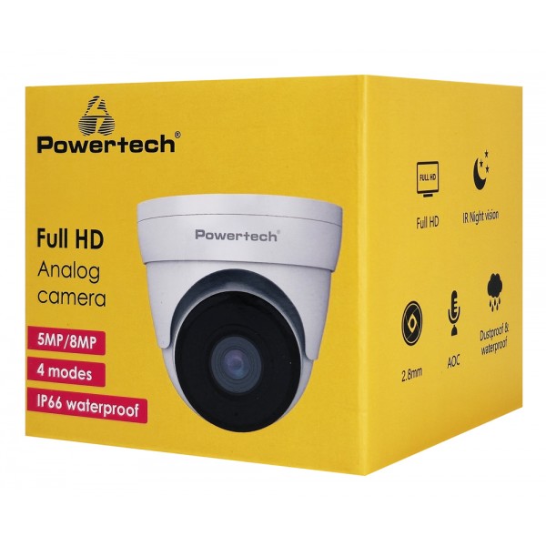 POWERTECH υβριδική κάμερα CCTV PT-1589 με μικρόφωνο & υπέρυθρα, 8MP, 2.8mm, IP66