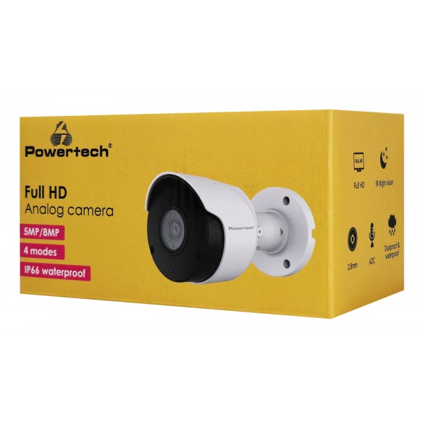 POWERTECH υβριδική κάμερα CCTV PT-1590 με μικρόφωνο & υπέρυθρα, 8MP, 2.8mm, IP66