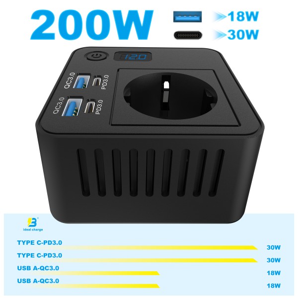POWERTECH inverter αυτοκινήτου PTL-028, 200W, 12V/24V DC σε 110V/220V AC, με 2x USB-C/2x USB