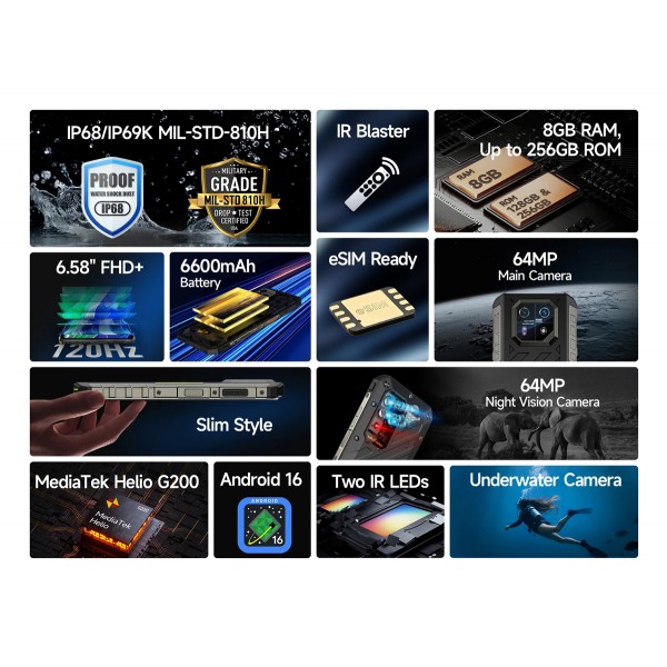 ULEFONE smartphone Armor 22 Pro, 6.58", 8/128GB, 6600mAh, IP68/IP69K/MIL-STD-810H, μαύρο - Smartphones