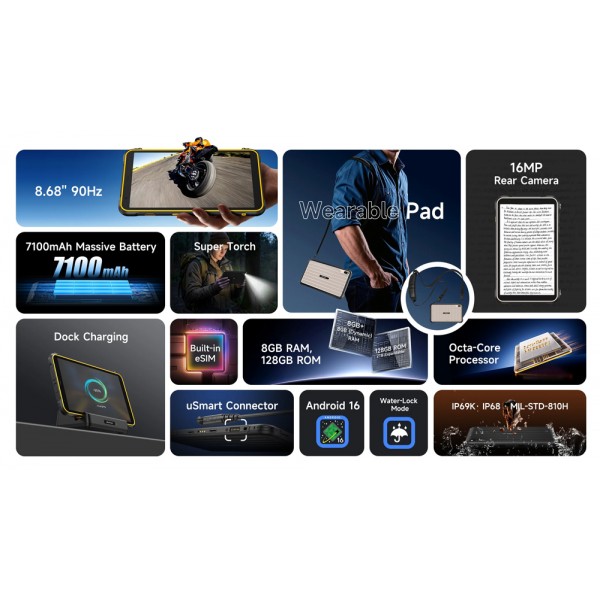 ULEFONE tablet RugKing Pad Pro, 8.68", 8/128GB, 7100mAh, IP68/IP69K/MIL-STD-810H, 4G, μαύρο - Tablets