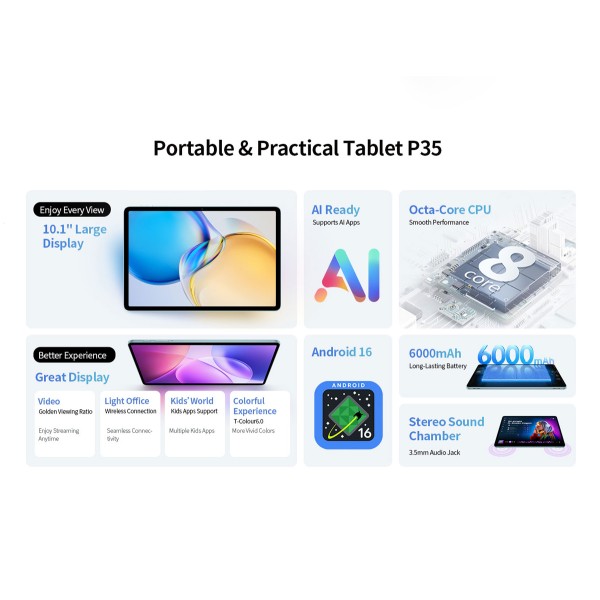 TECLAST tablet P35, 10.1", 3/32GB, Android 16, 6000mAh, μπλε