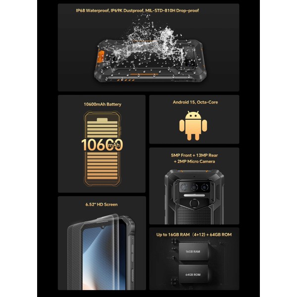 OUKITEL smartphone WP23S, 6.52", 4/64GB, 10600mAh, IP68/IP69K/MIL-STD 810H, μαύρο - 