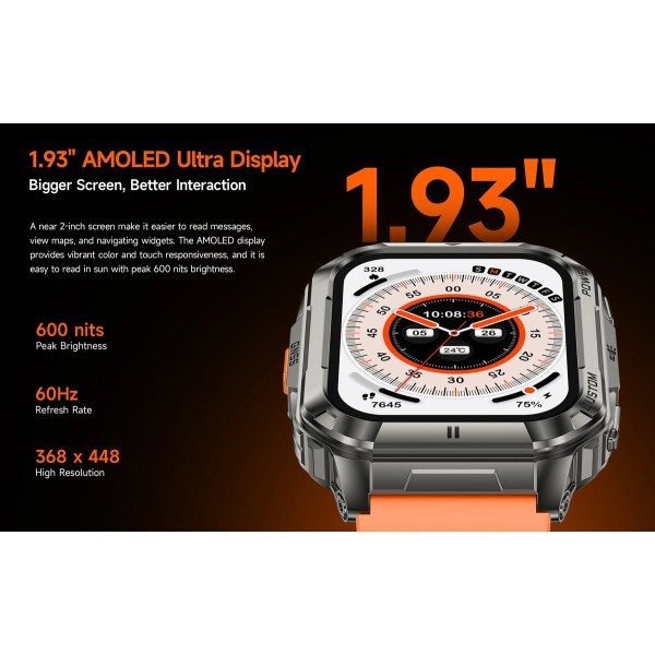 ULEFONE smartwatch Armor Watch Ultra, 2x λουράκια, heart rate, 1.93" AMOLED, GPS, MIL-STD-810H, μαύρο
