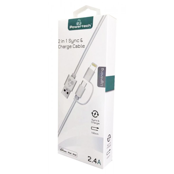 POWERTECH καλώδιο USB σε Micro/Lightning PT-707, MFi, 2.4A, 1m, λευκό - USB