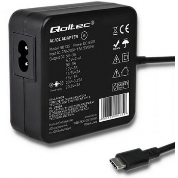 PSU QOLTEC 65W  20.3V/3A 20V/3.25A 15V/3A 14.5V/2A 12V/3A 9V/3A 5.2V/2.4A 5V/3A UNIVERSAL NOTEBOOK ADAPTER TYPE-C - Ανταλλακτικά Laptops