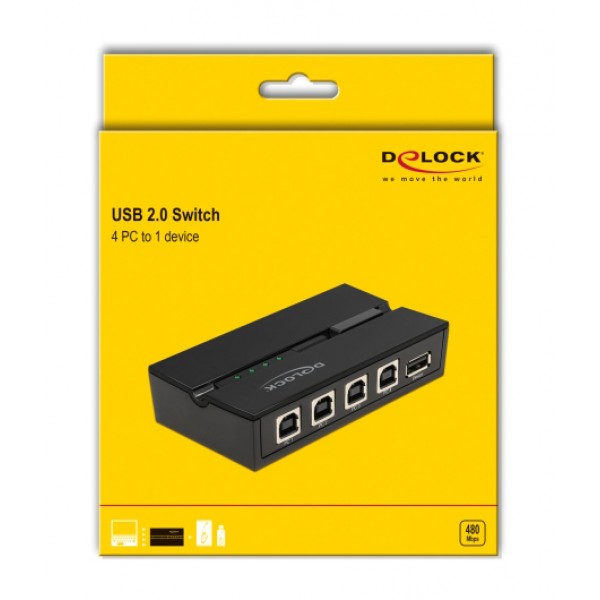 DELOCK USB 2.0 switch 11493, 4x USB Type B σε USB, με μαγνήτη, μαύρο