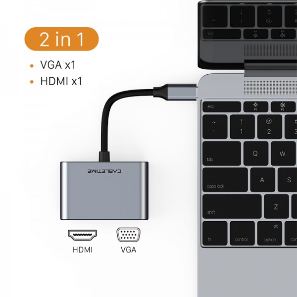 CABLETIME αντάπτορας 2 in 1 USB-C σε HDMI & VGA C160, 4K, 0.15m, γκρι - CABLETIME