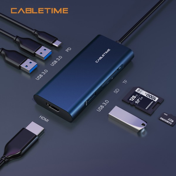 CABLETIME docking station C160, USB-C, 7-ports, 4K, 0.15m, μπλε - CABLETIME