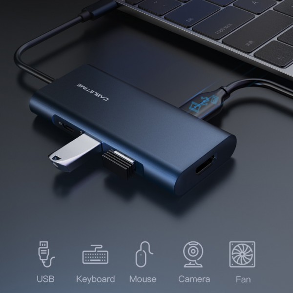CABLETIME docking station C160, USB-C, 7-ports, 4K, 0.15m, μπλε