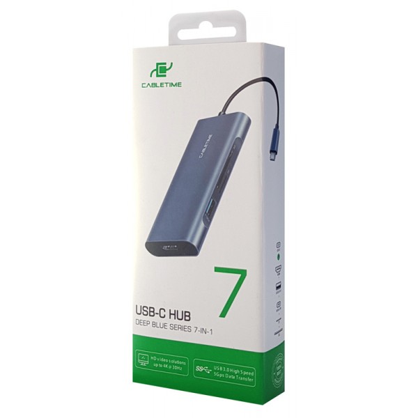 CABLETIME docking station C160, USB-C, 7-ports, 4K, 0.15m, μπλε
