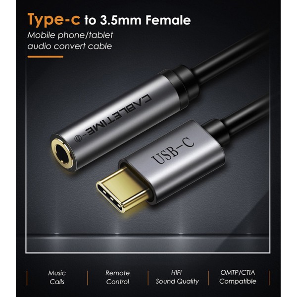 CABLETIME καλώδιο USB Type-C σε 3.5mm C160, Digital Version, 0.1m, μαύρο - CABLETIME