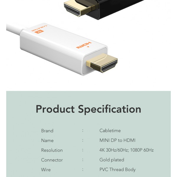 CABLETIME καλώδιο Mini DisplayPort σε HDMI AV588, 4K/30HZ, 1.8m, λευκό - CABLETIME