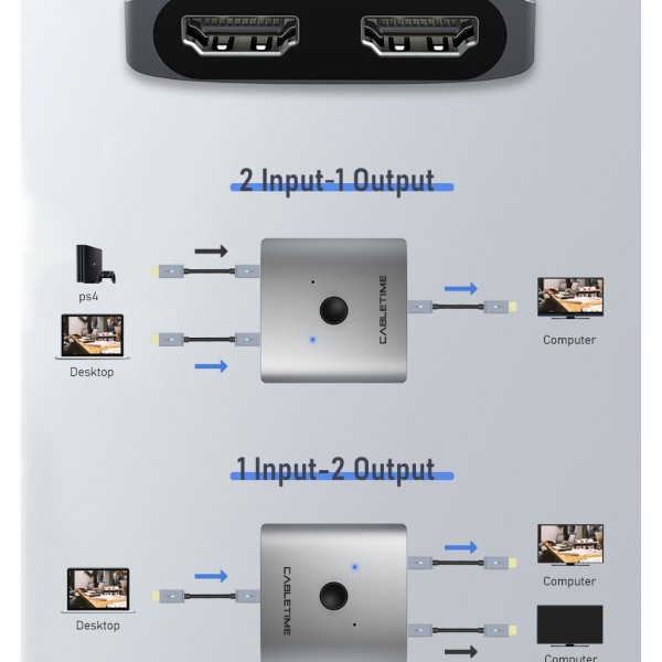 CABLETIME HDMI 2.0 Switch CTHS4K, με κουμπί, 2 in 1, 4K, γκρι - CABLETIME